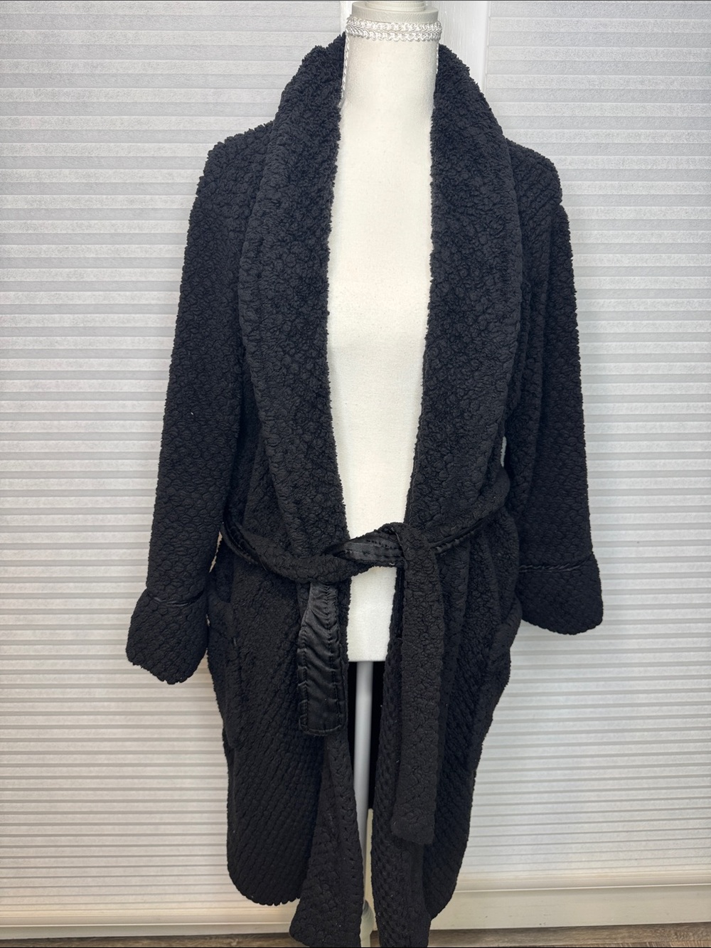 PJ Salvage Black Plush Shawl Collar Robe with Belt and Pockets